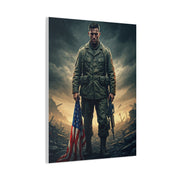 Soldier Standing With Flag of Courage Wall Art & Canvas Prints