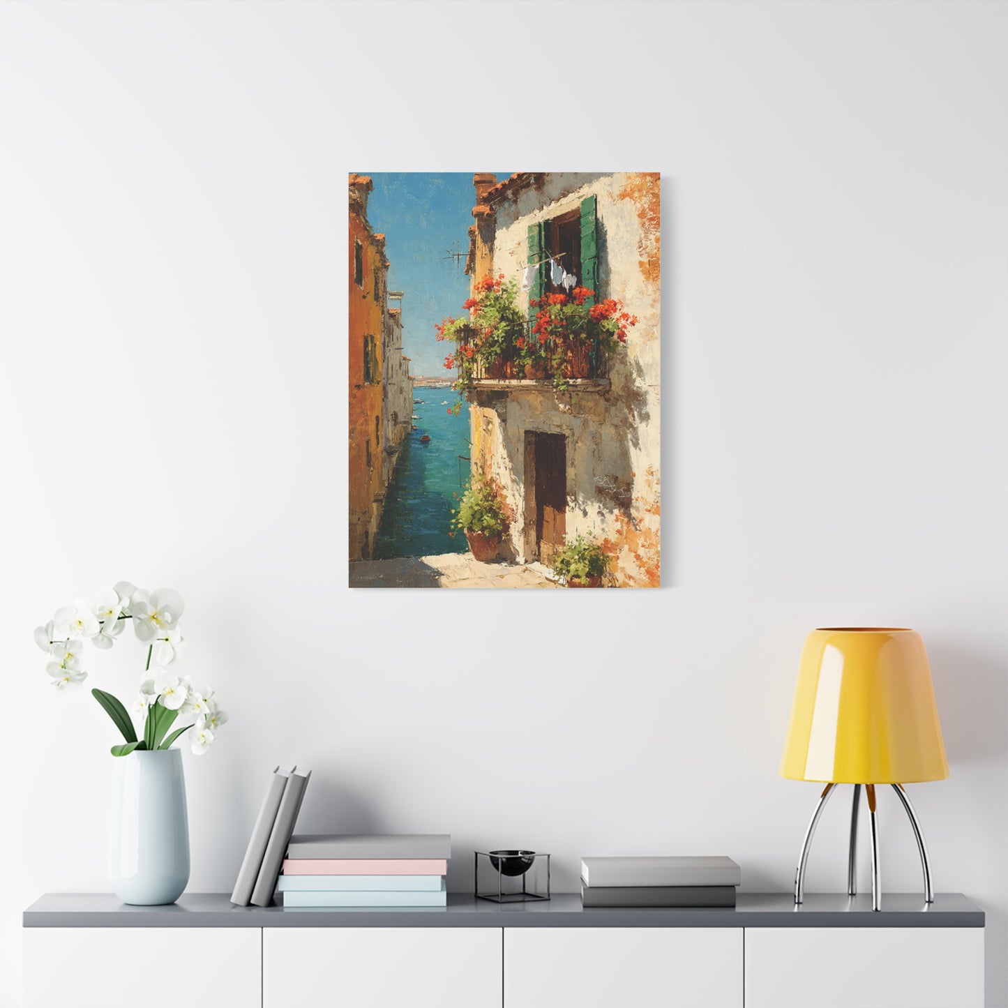 Italian Coastal Balcony Painting Wall Art & Canvas Print