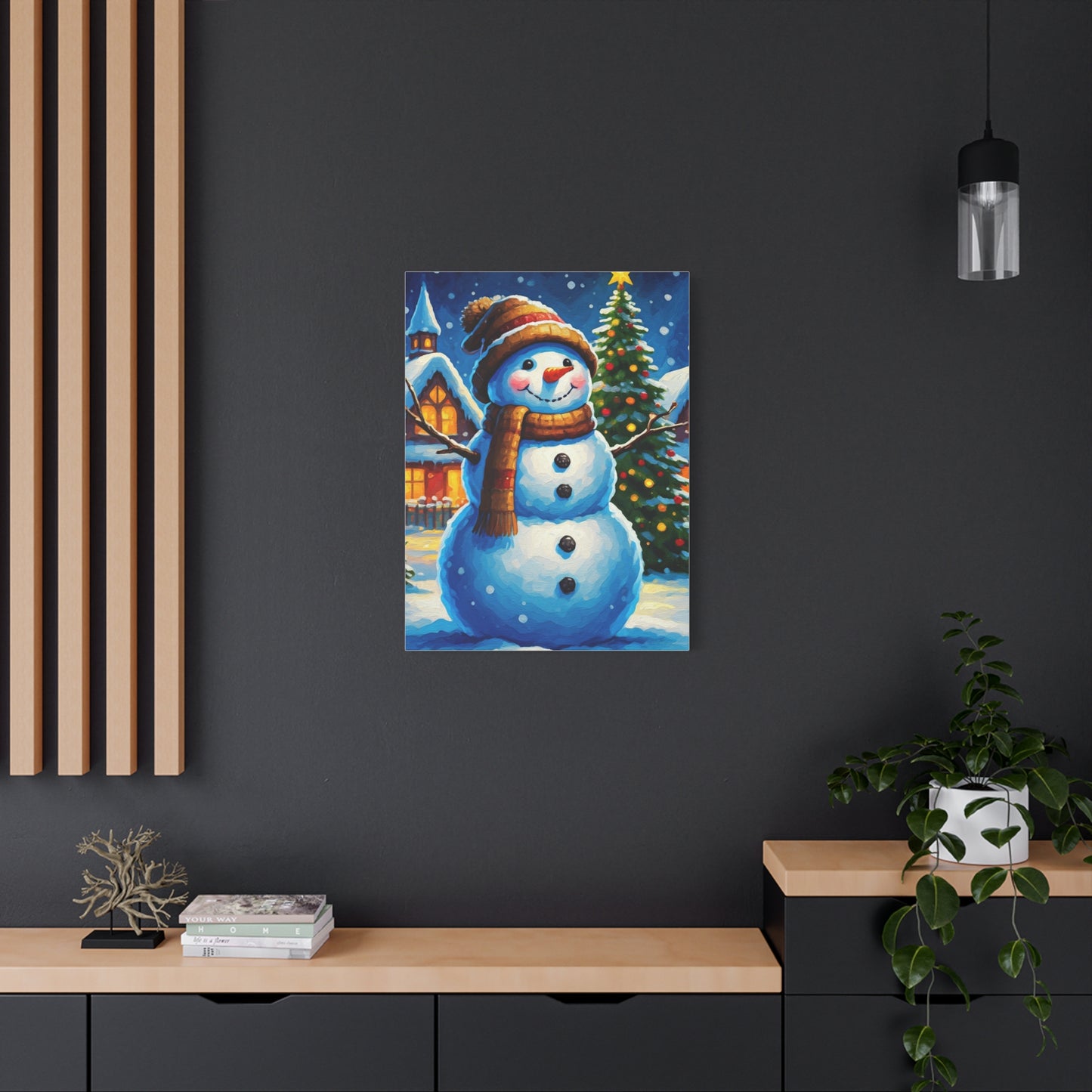 Artistic Snowman in Winter Village Scene Wall Art & Canvas Print