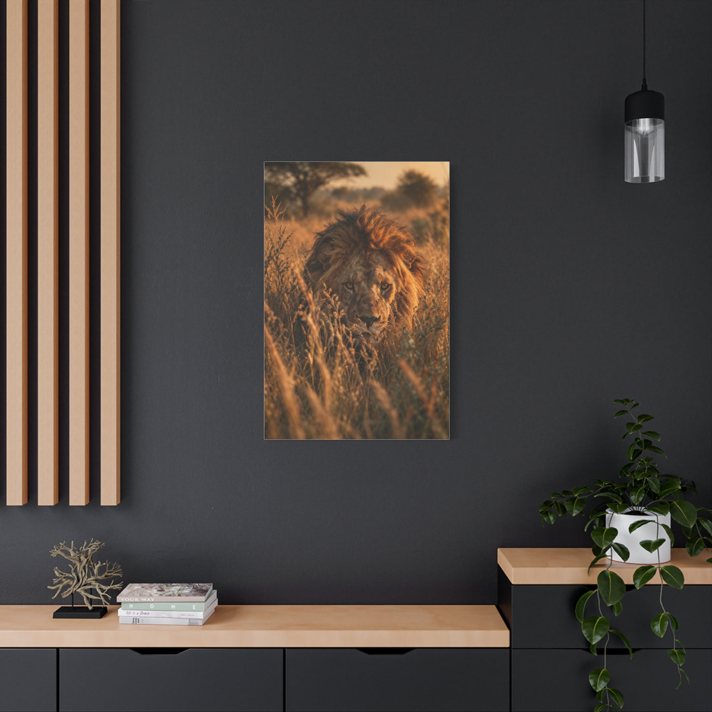 Lion Stalking Through Savannah Grass Wall Art & Canvas Print