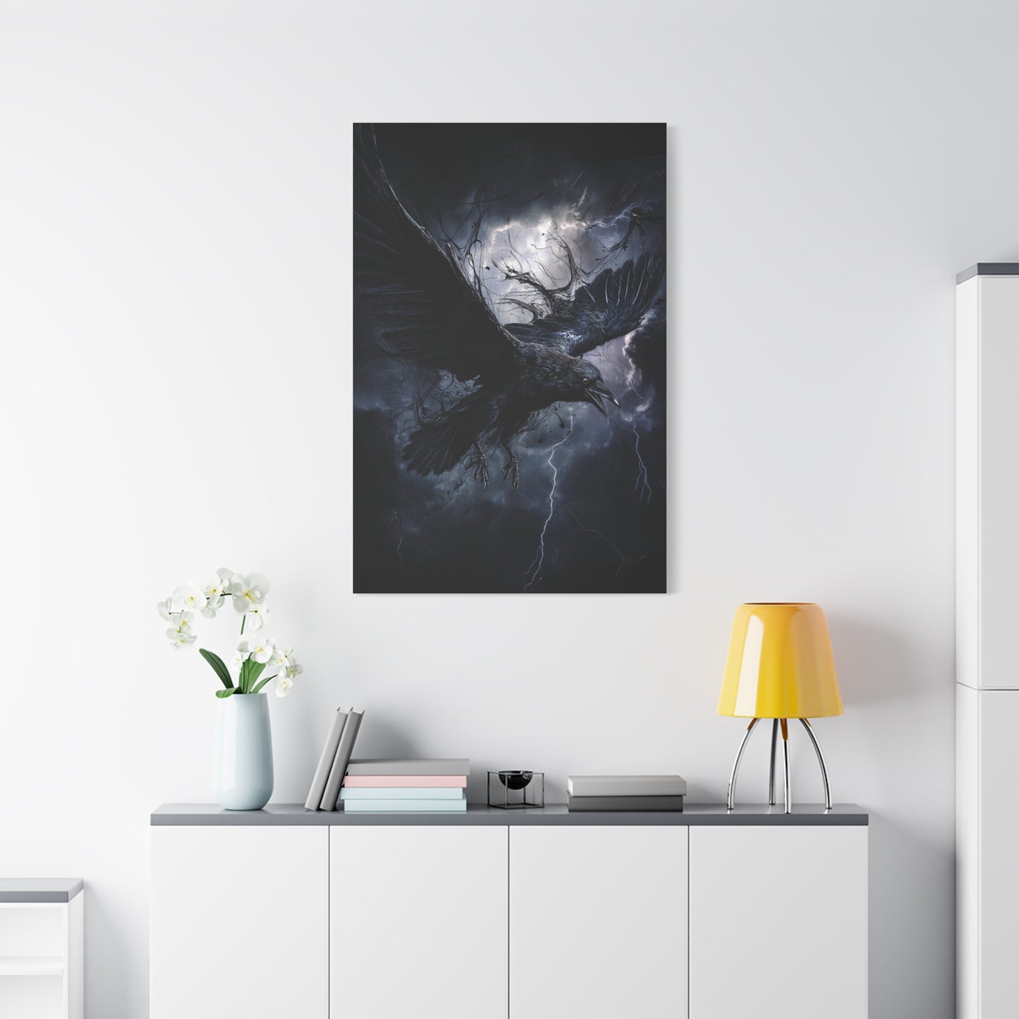 Raven Flying Through Storm Lightning Wall Art & Canvas Print