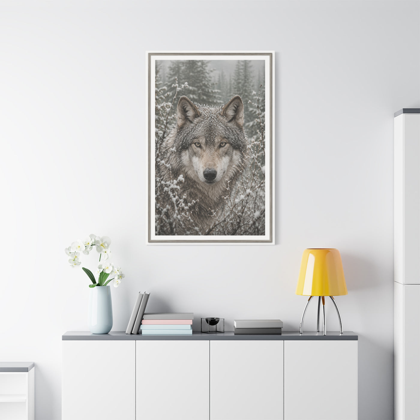 Snow Forest Gray Wolf Framed Portrait Wall Art & Canvas Print