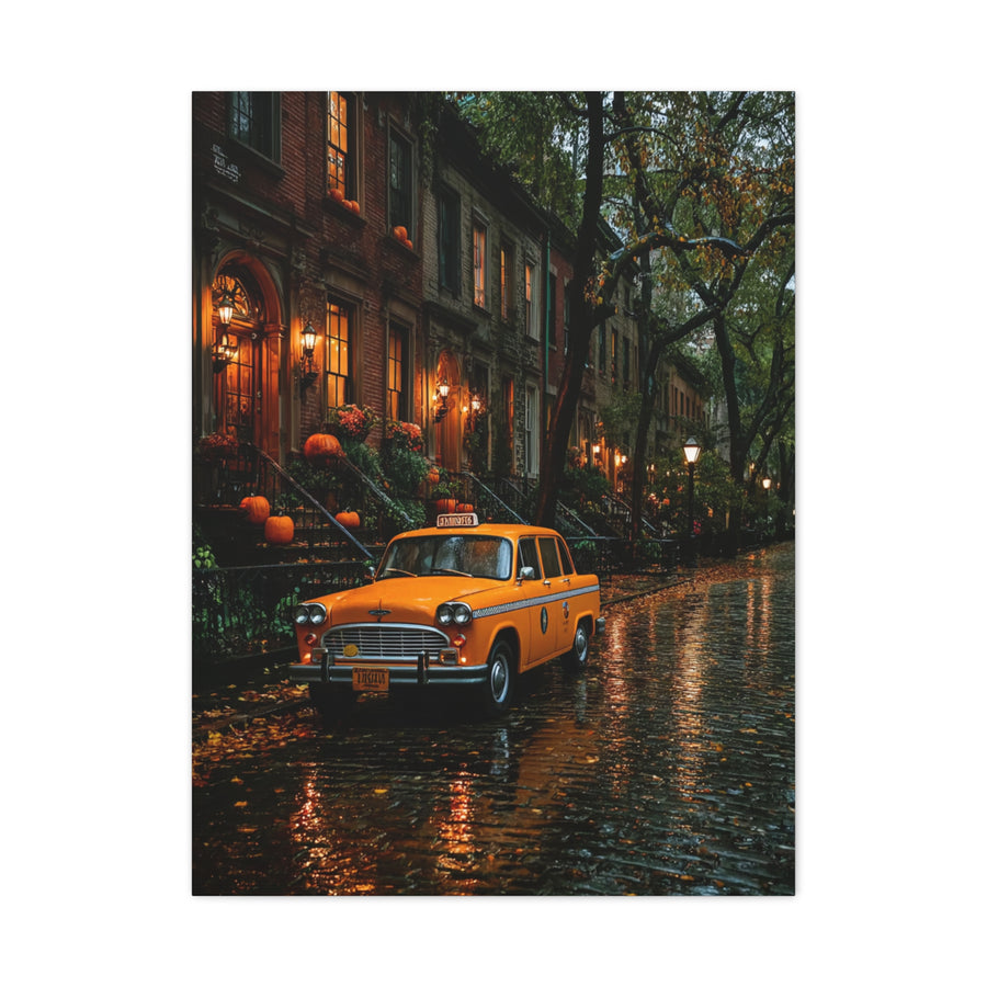Rainy Autumn Brownstone Street Wall Art & Canvas Print
