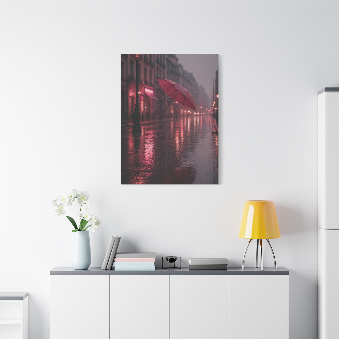 Romantic Pink Rain Street Reflection Wall Art & Canvas Print