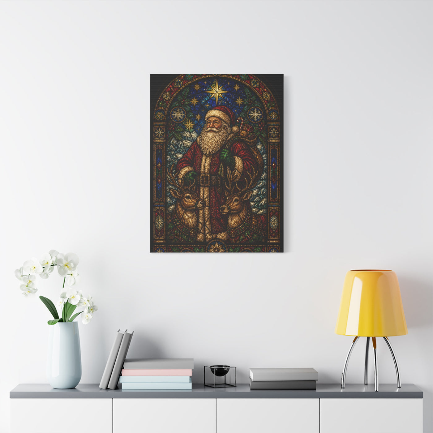Stained Glass Santa and Reindeer Wall Art & Canvas Print