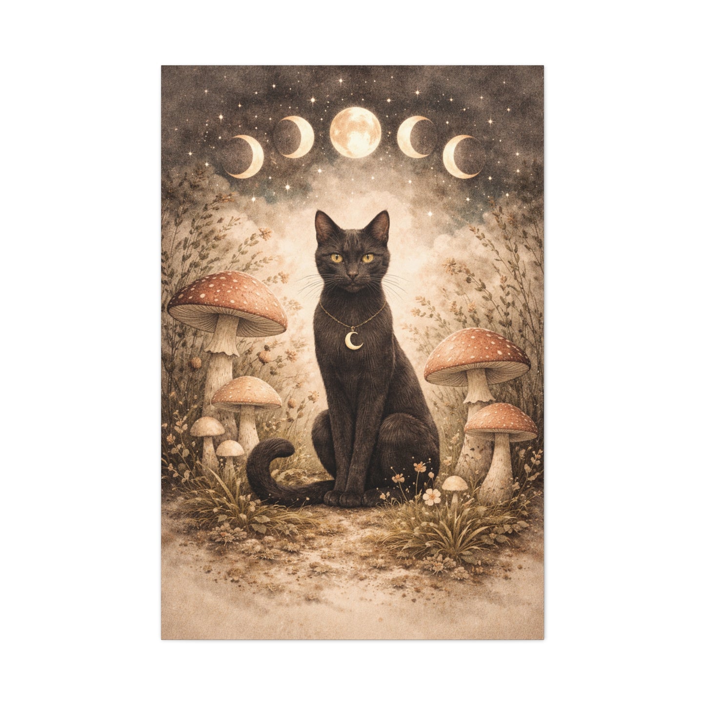 Mystical Boho Black Cat and Mushroom Night Scene Wall Art & Canvas Print