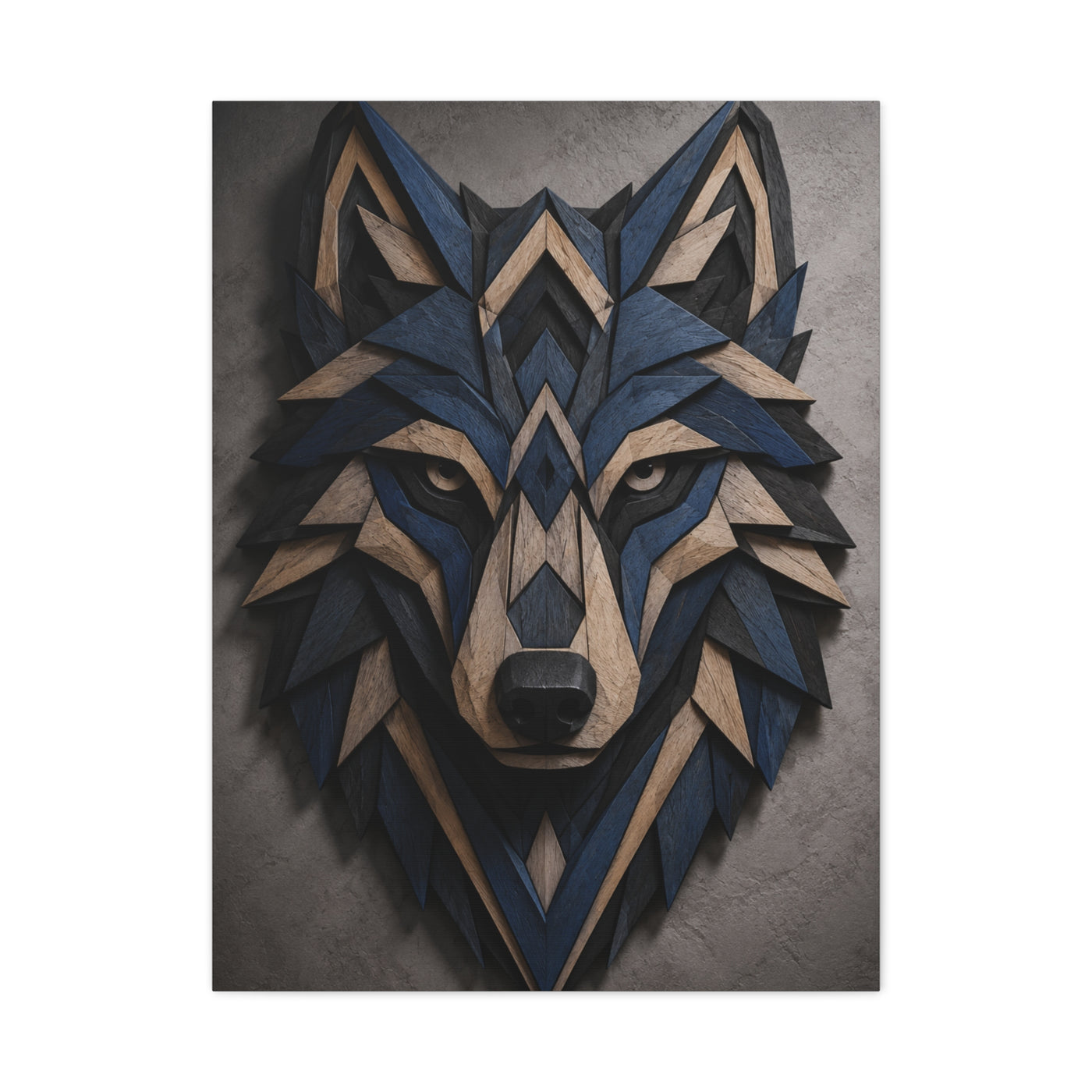 Layered Blue Geometric Wolf Head Sculpture Wall Art & Canvas Print
