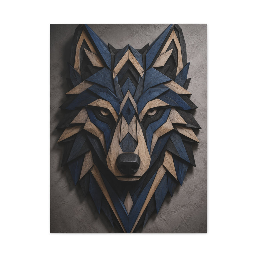 Layered Blue Geometric Wolf Head Sculpture Wall Art & Canvas Print