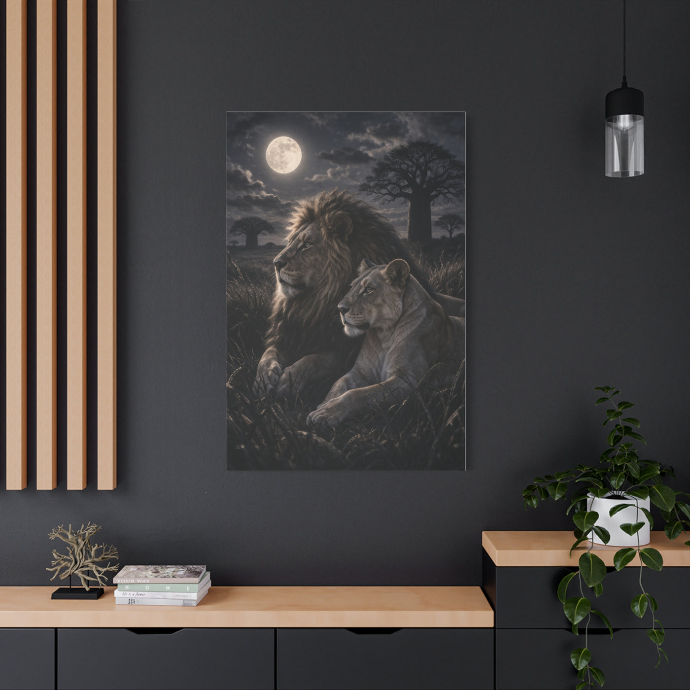 Lion and Lioness Under Moonlight Unity Wall Art & Canvas Print