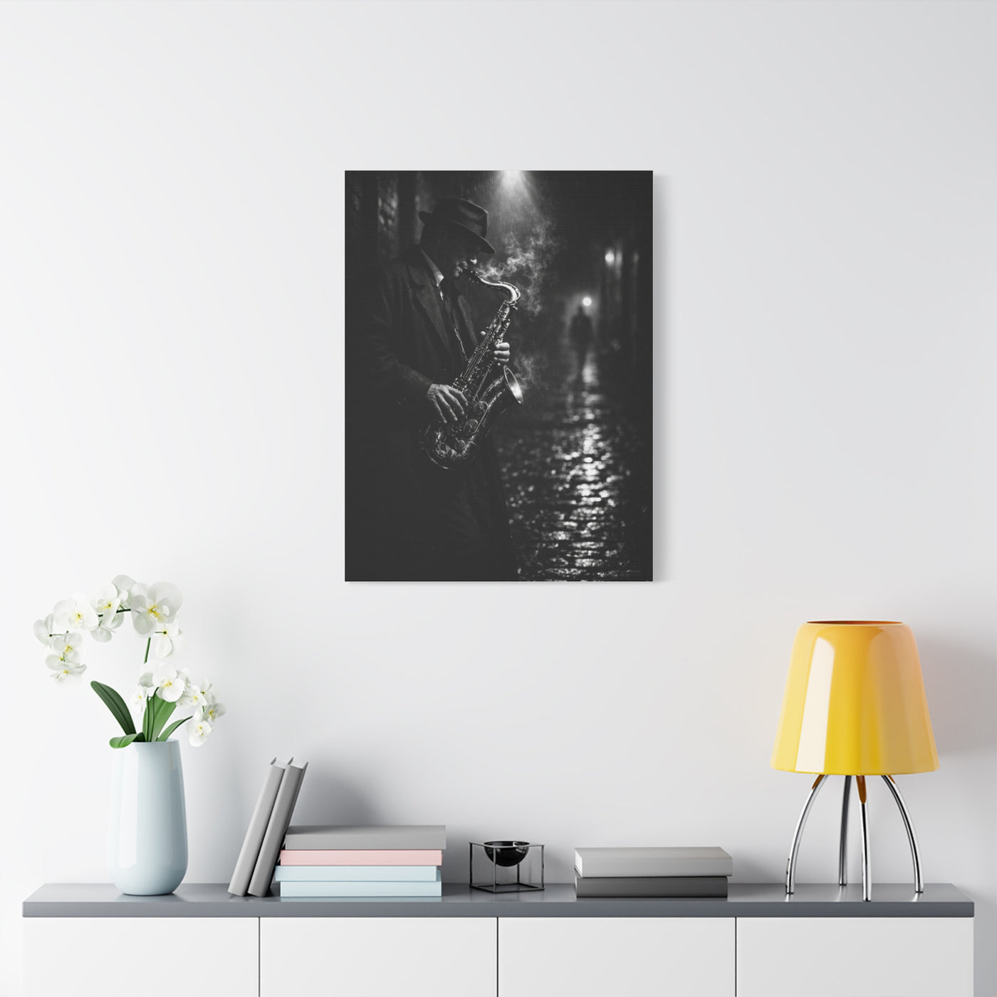 Noir Jazz Saxophone Alley Wall Art & Canvas Print