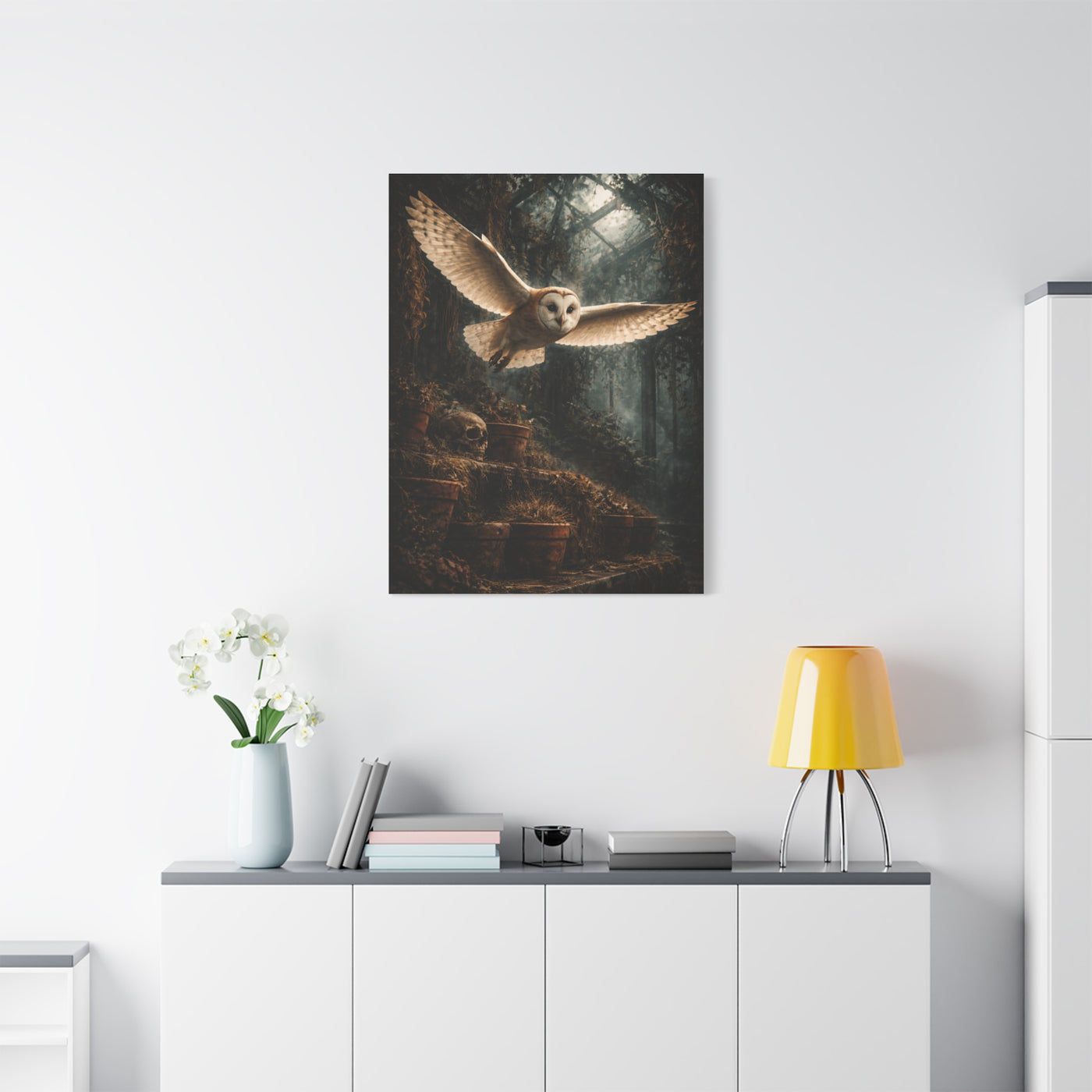 Gothic Greenhouse Flying Barn Owl Wall Art & Canvas Print
