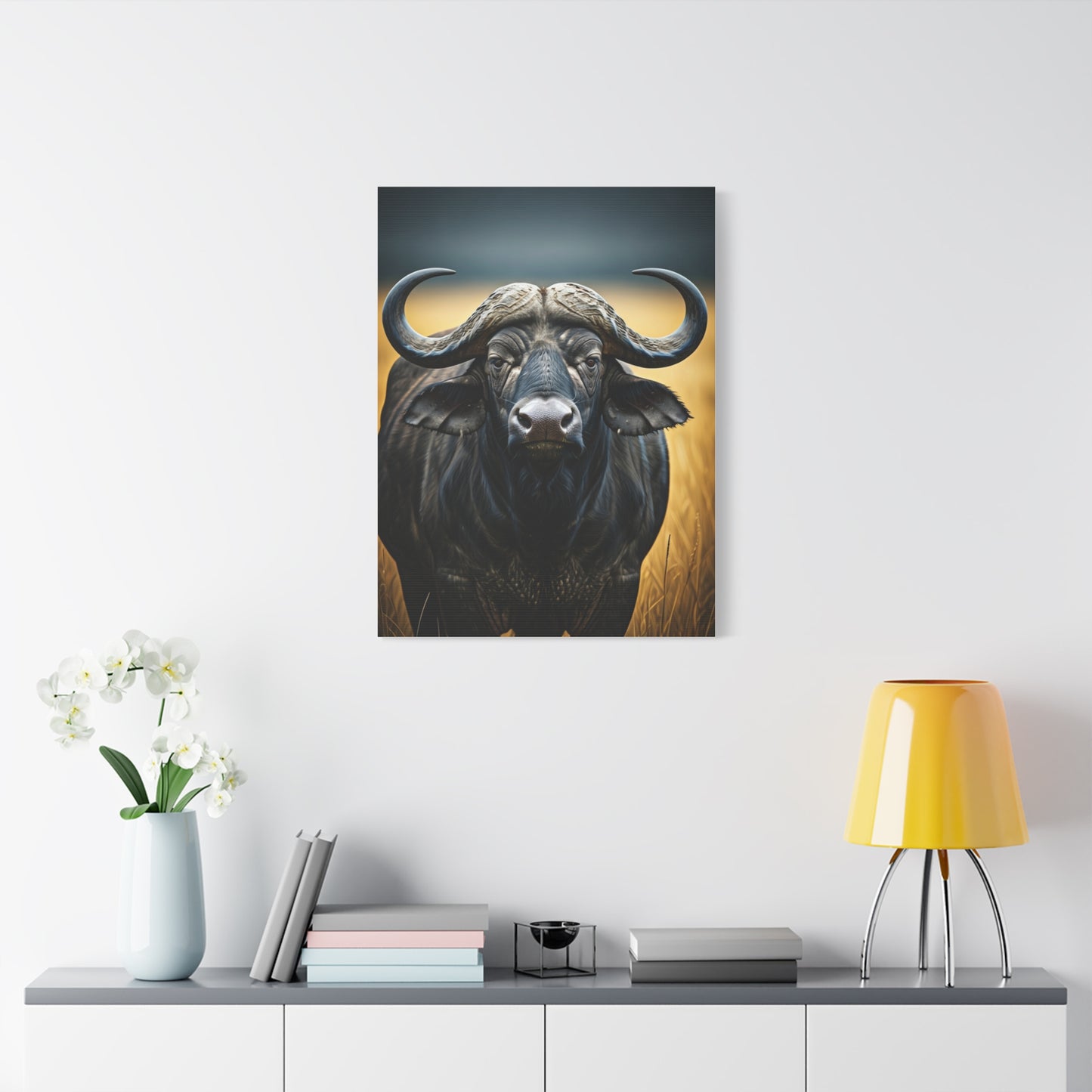 Cape Buffalo Symmetrical Portrait with Golden Backlight Wall Art & Canvas Print