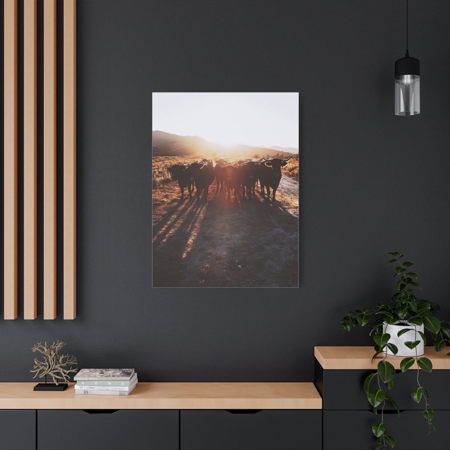 Sunset Bull Herd Silhouette Wall Art & Canvas Print