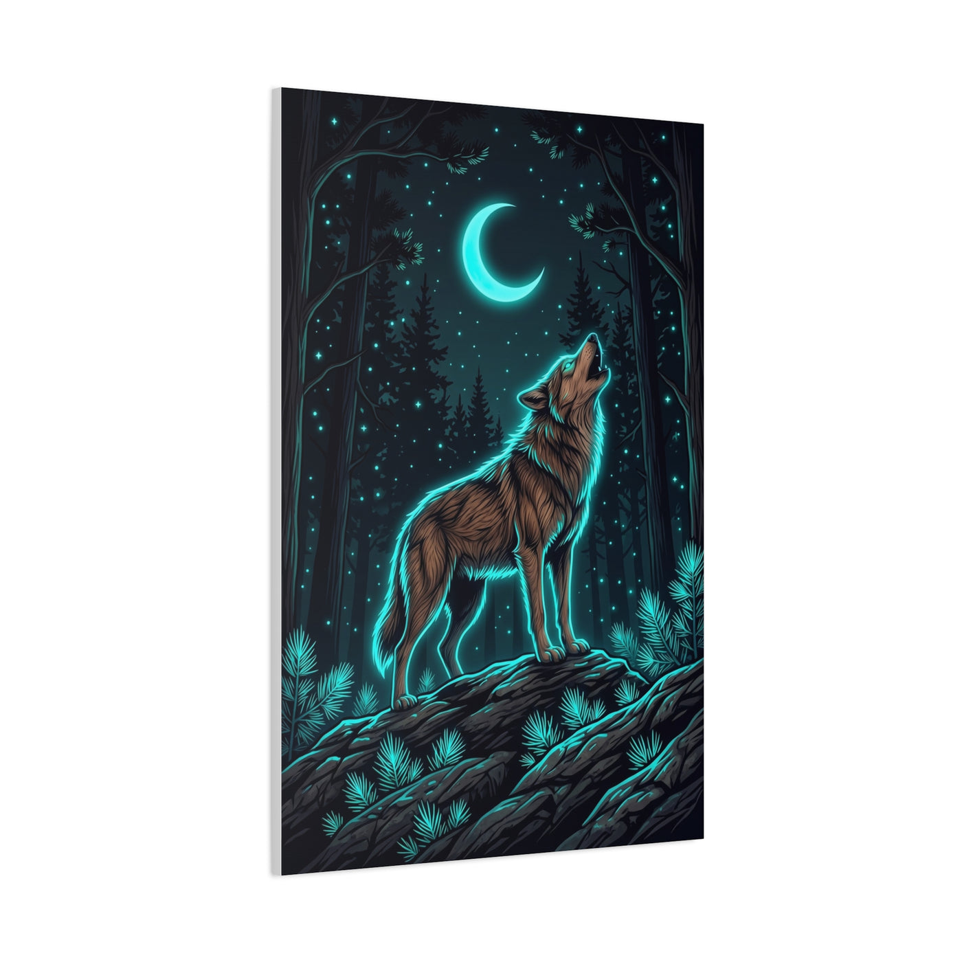 Moonlit Forest Wolf Neon Outline Scene Wall Art & Canvas Print