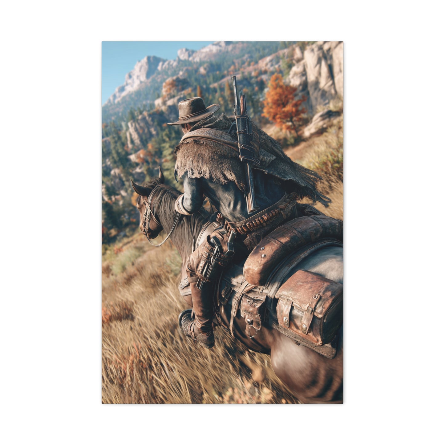 Cowboy Riding Through Mountain Canyon Wall Art & Canvas Print