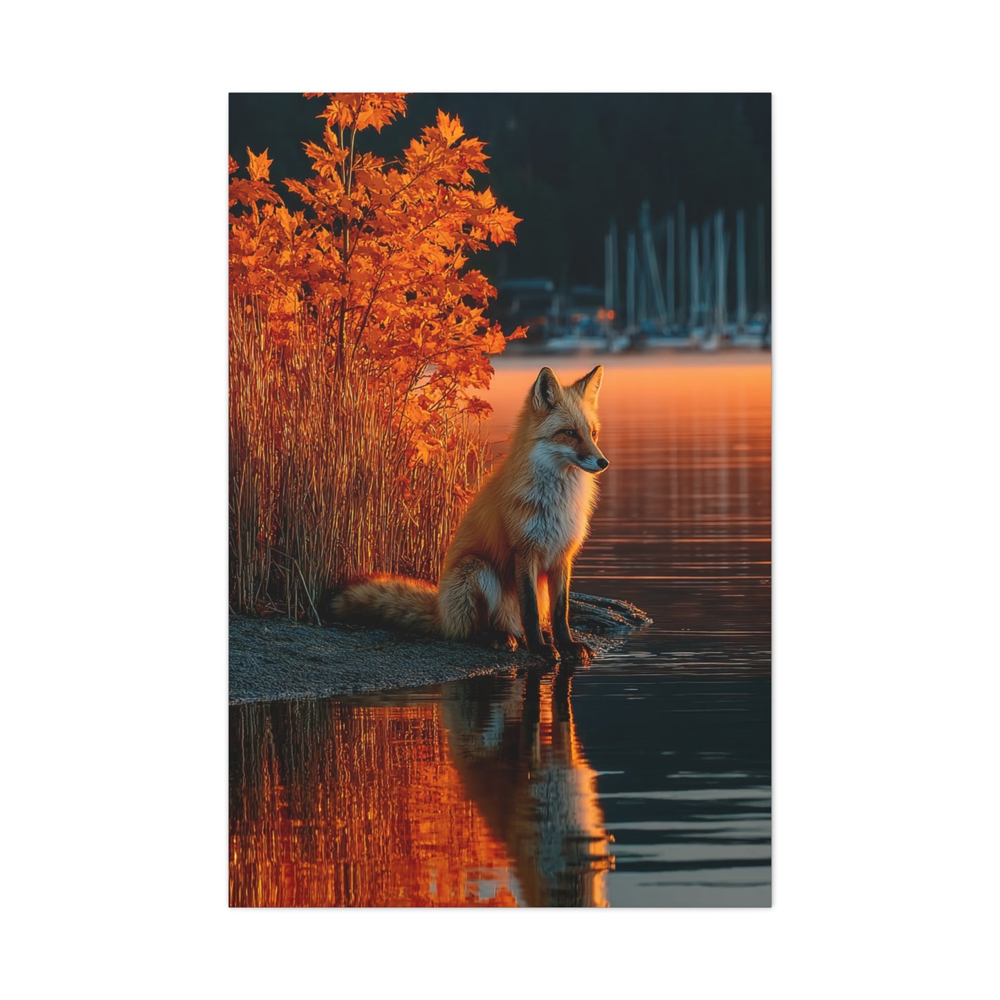 Autumn Lakeside Fox Reflection Wall Art & Canvas Print