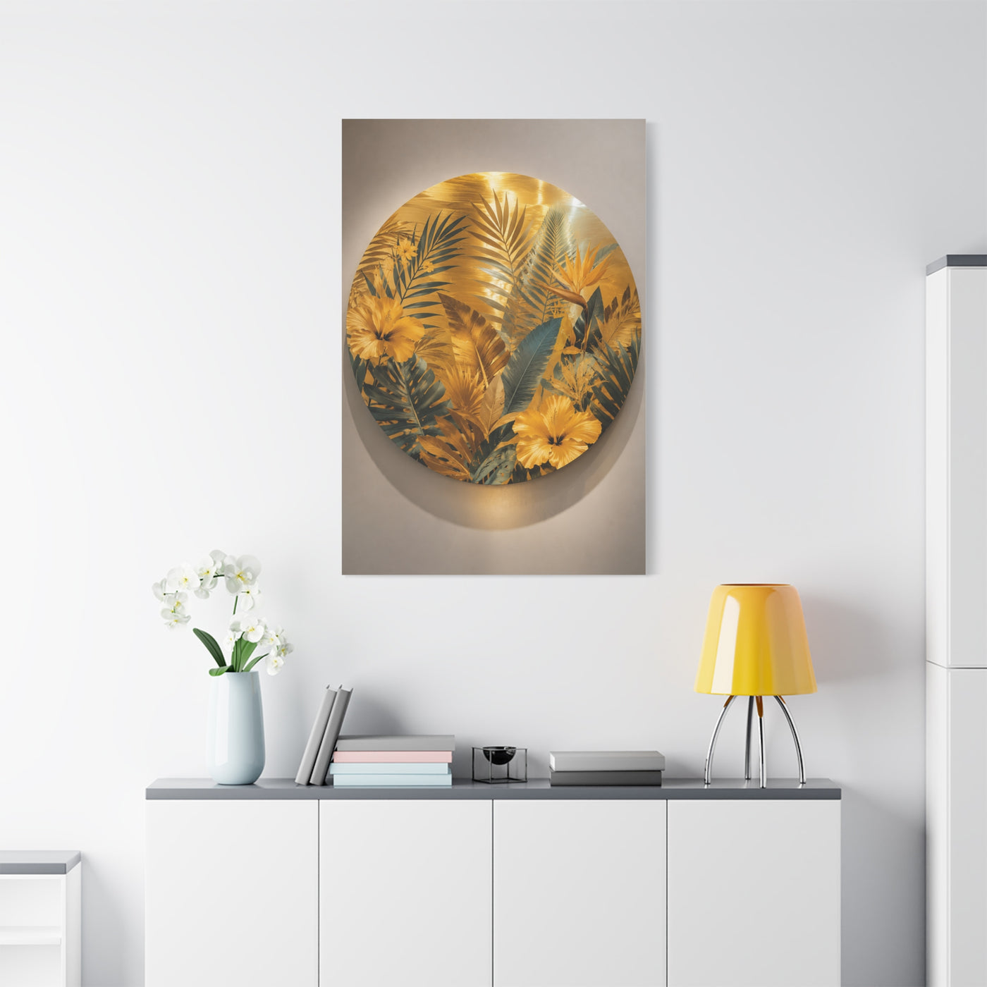 Golden Tropical Botanical Disc Composition Wall Art & Canvas Print