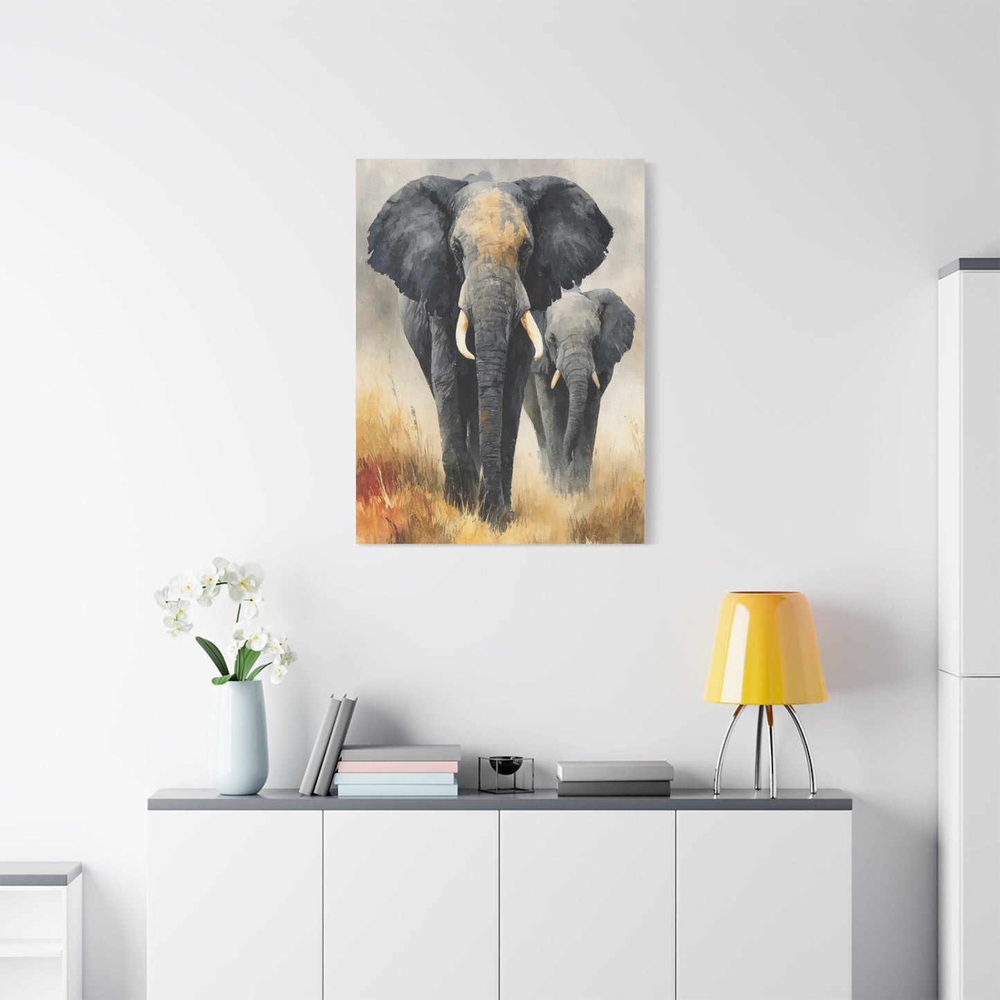Mother and Calf Elephant Watercolor Wall Art & Canvas Print