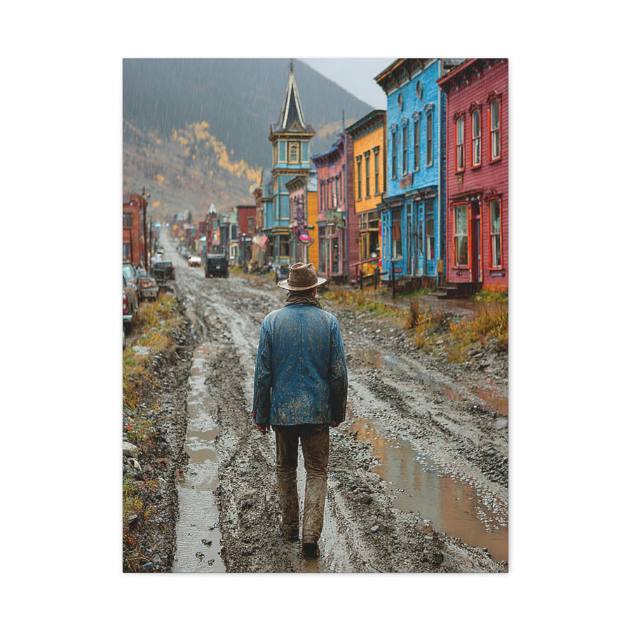 Lone Cowboy Walking Through a Rainy Frontier Street Wall Art & Canvas Print