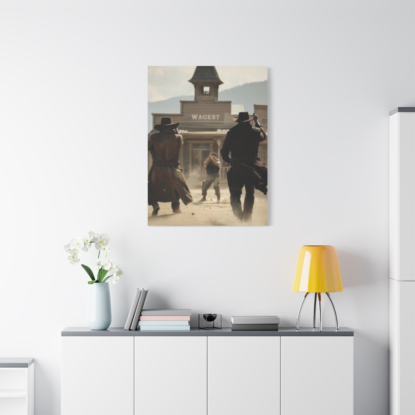 Frontier Gunfight in the Western Street Wall Art & Canvas Print