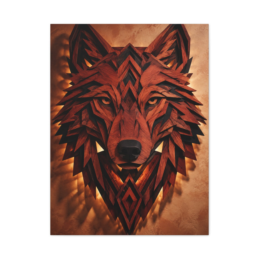 Geometric Carved Wood Wolf Head Sculpture Wall Art & Canvas Print