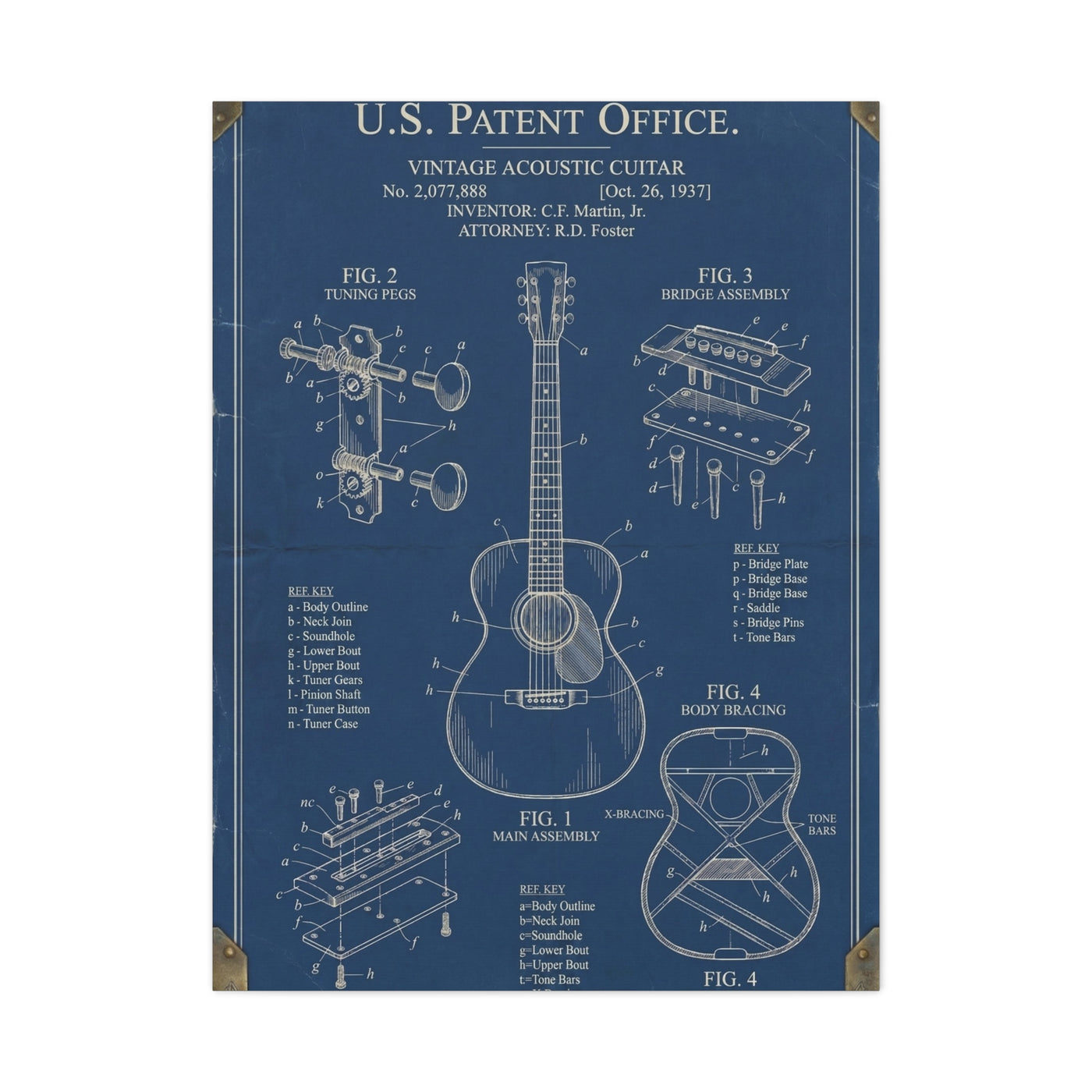 Vintage Acoustic Guitar Patent Blueprint Wall Art & Canvas Print
