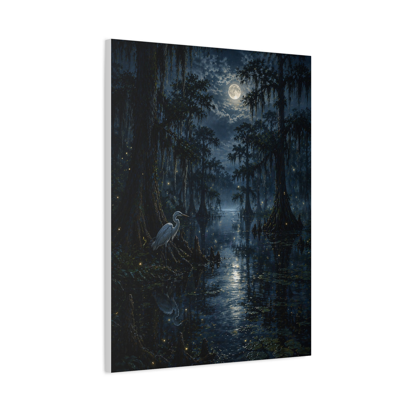 Moonlit Bayou Heron Scene Wall Art & Canvas Print