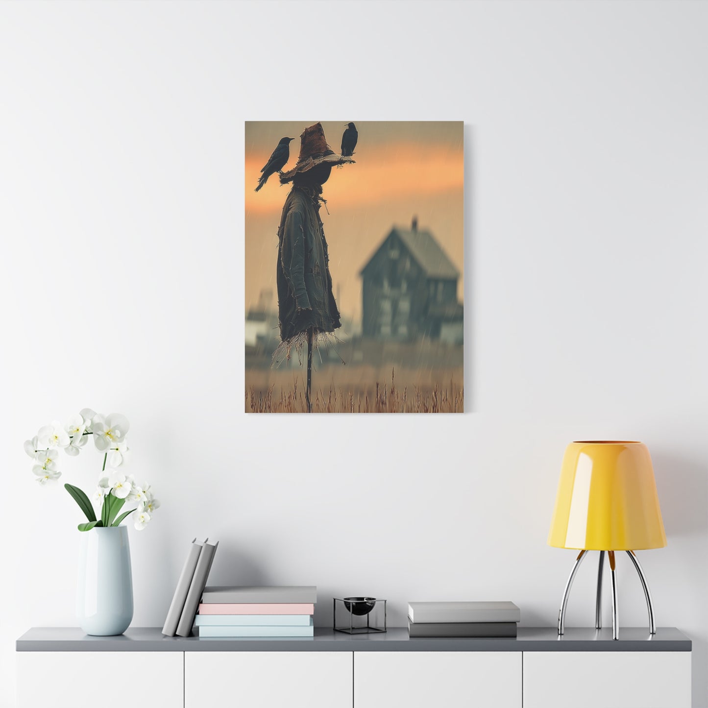 Old Scarecrow in Harvest Field with Crows Wall Art & Canvas Print