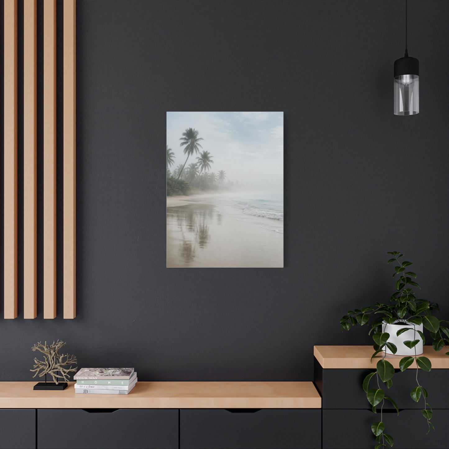 Misty Coastal Palm Shoreline Minimal Tropical Wall Art & Canvas Print