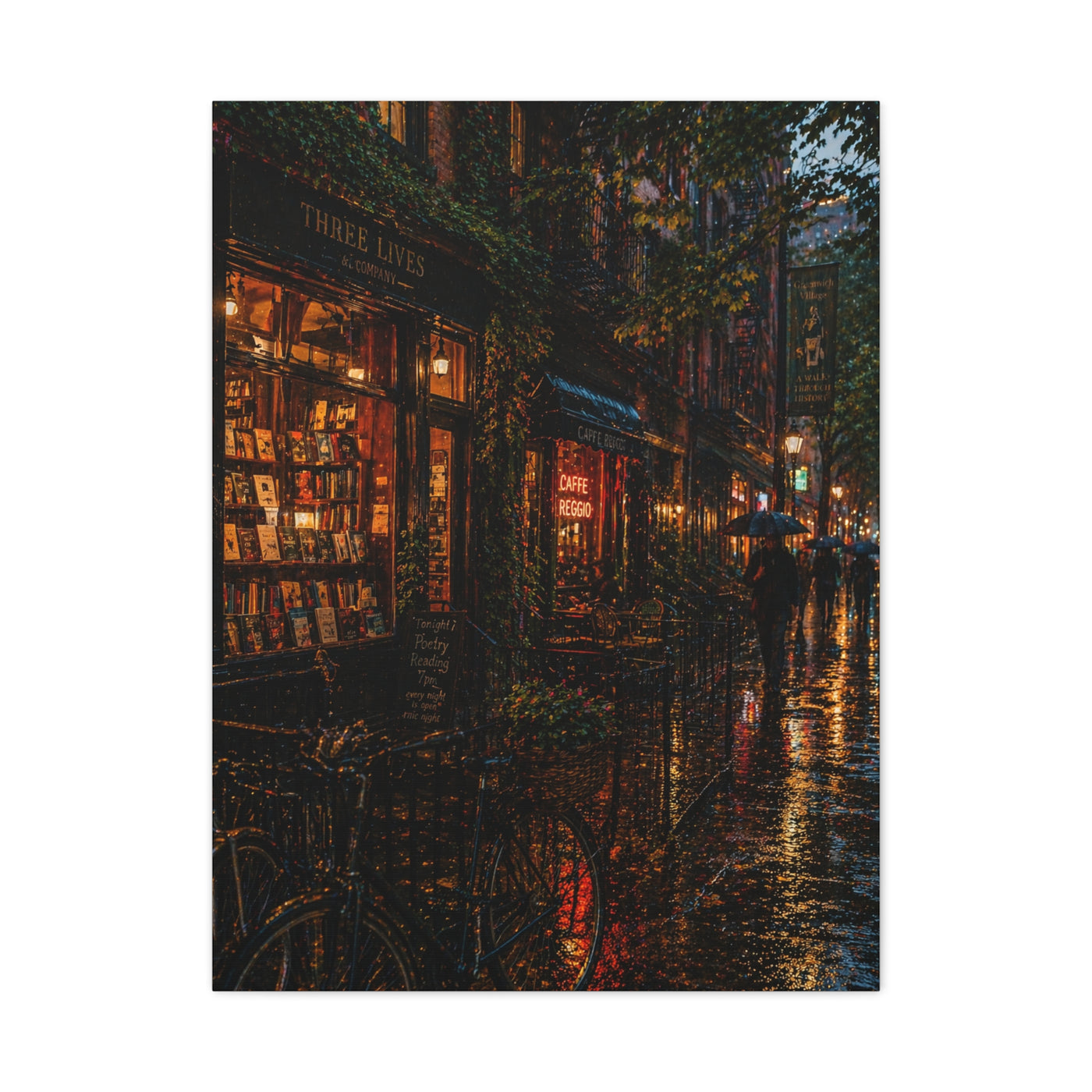 Greenwich Village Rainy Bookstore Scene Wall Art & Canvas Print