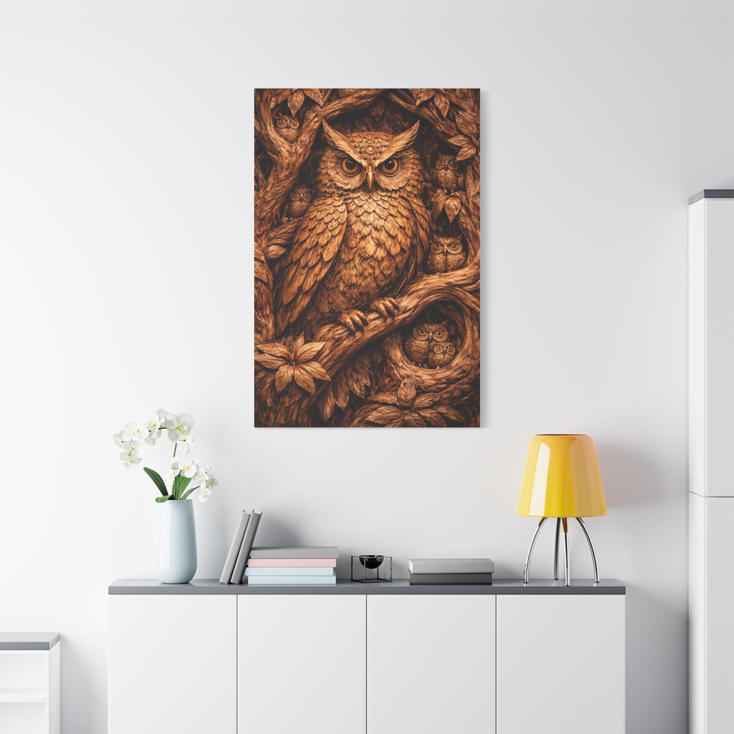 Hand-Carved Owl Family Wood Relief Wall Art & Canvas Print