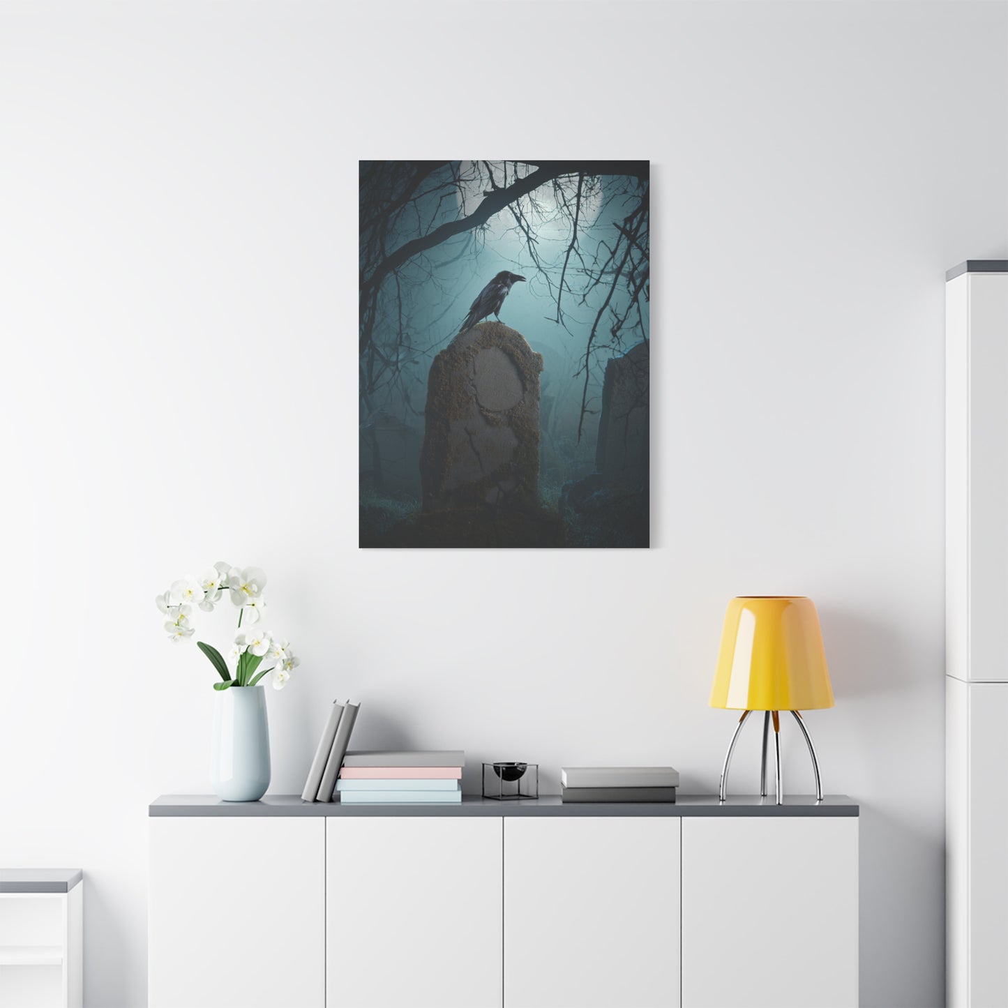 Raven on Ancient Gravestone Wall Art & Canvas Print