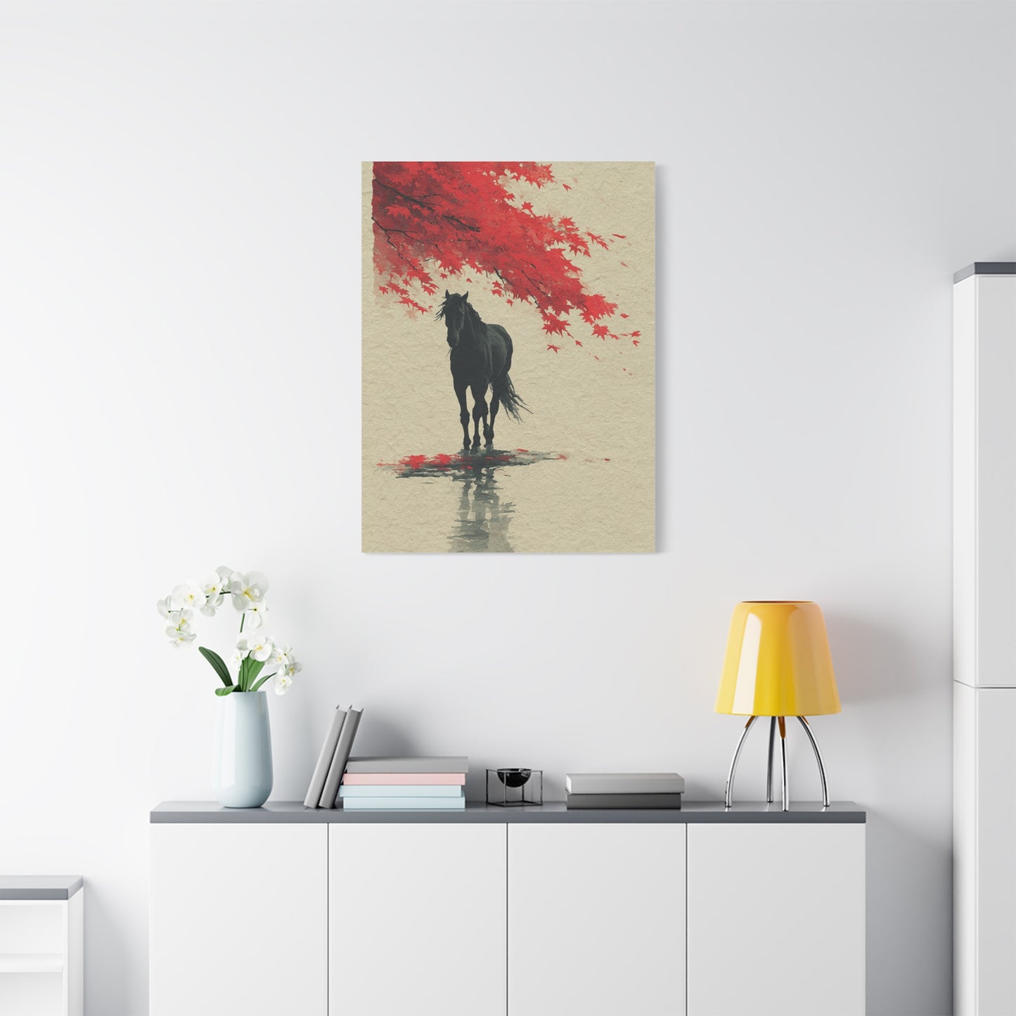 Minimal Horse Silhouette Under Red Maple Wall Art & Canvas Print