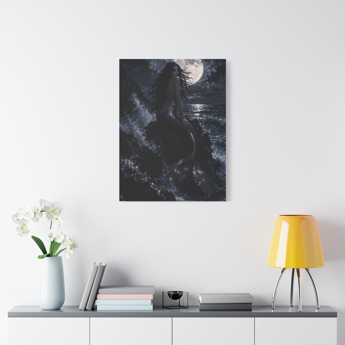 Midnight Moon Siren on the Rocks Wall Art & Canvas Print