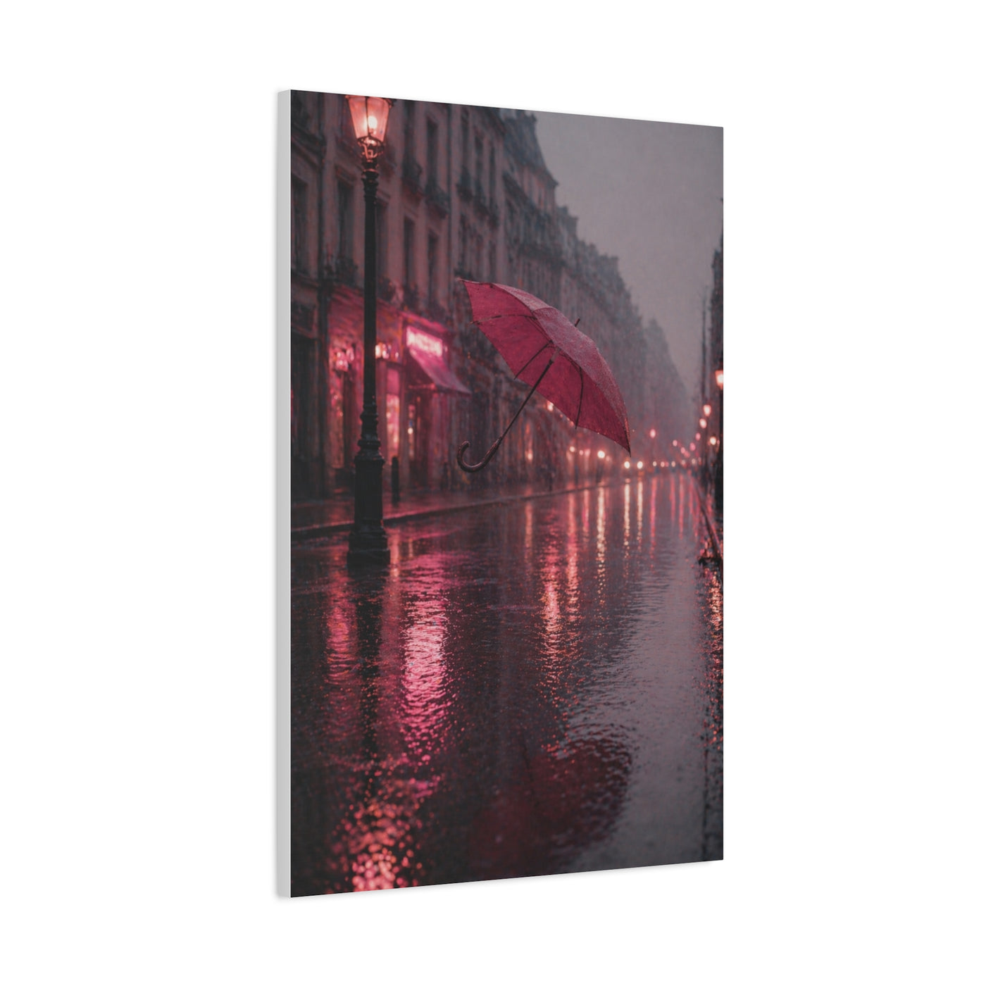Romantic Pink Rain Street Reflection Wall Art & Canvas Print