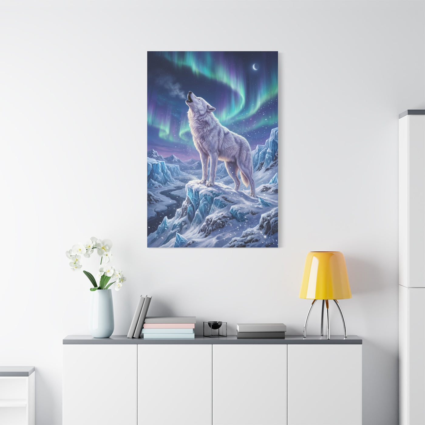 Arctic Wolf Aurora Borealis Scene Wall Art & Canvas Print