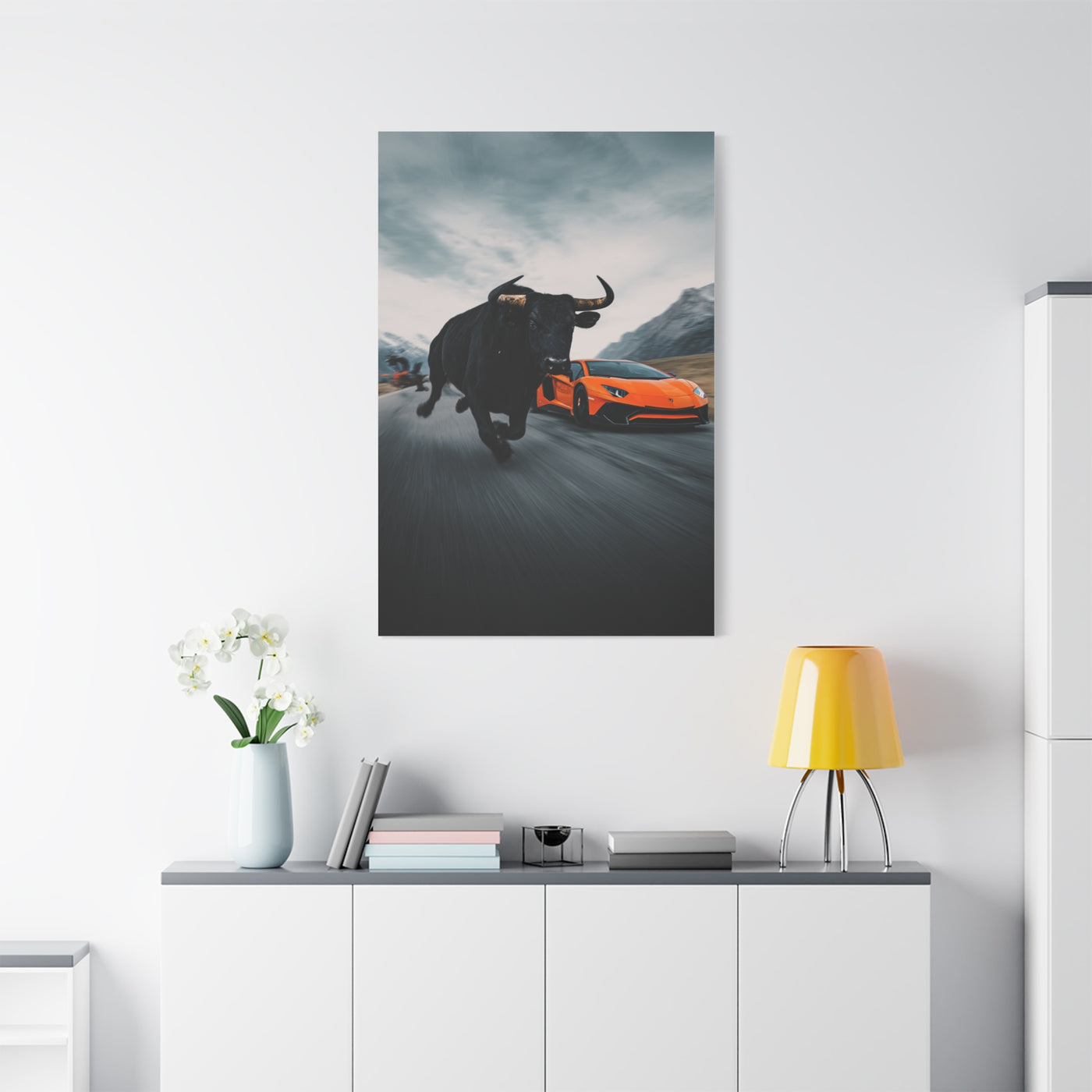 Charging Bull vs Lamborghini Aventador Power Duel Wall Art & Canvas Print