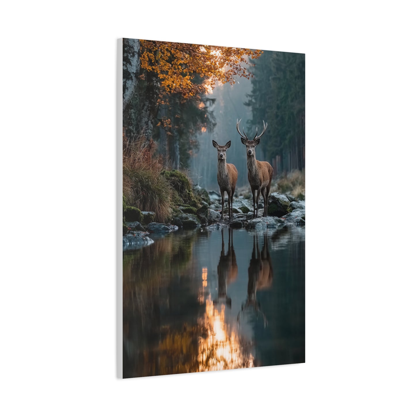 Autumn Forest Deer Reflection Wall Art & Canvas Print