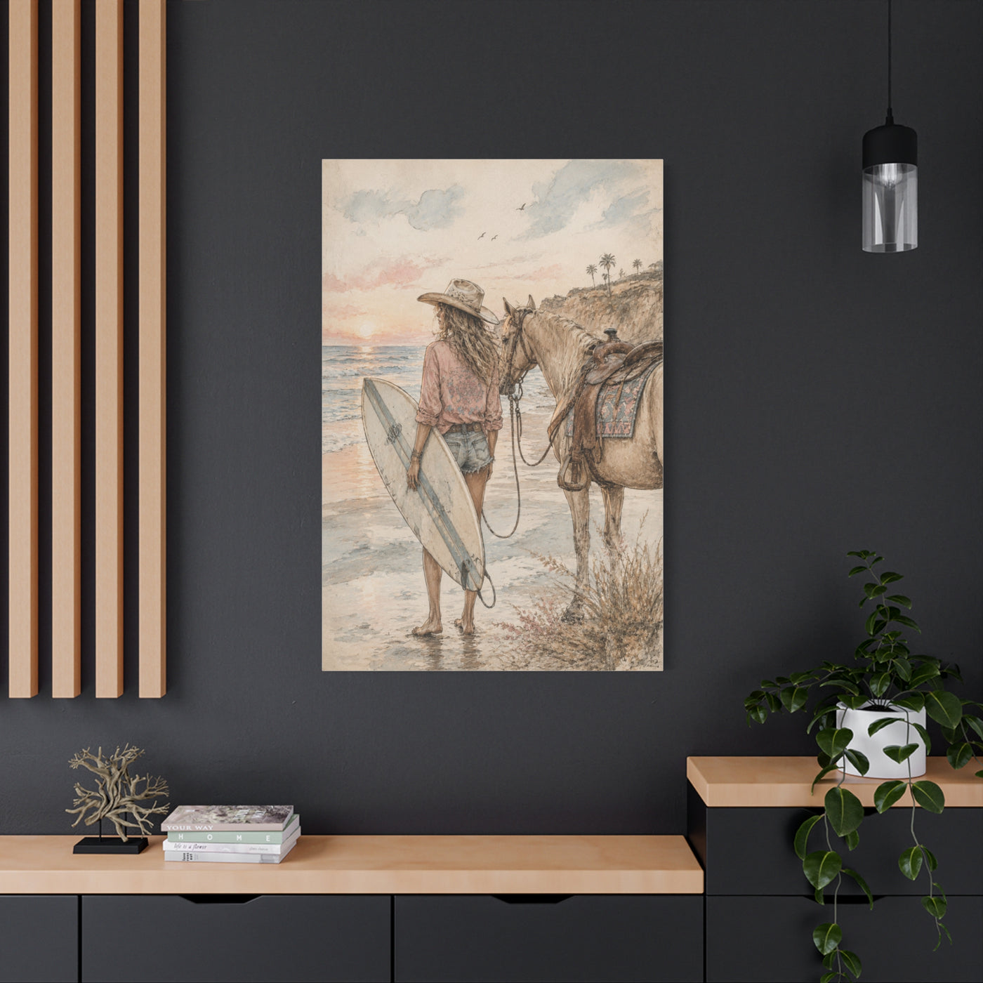 Surf Cowgirl Beach Horizon Scene Wall Art & Canvas Print