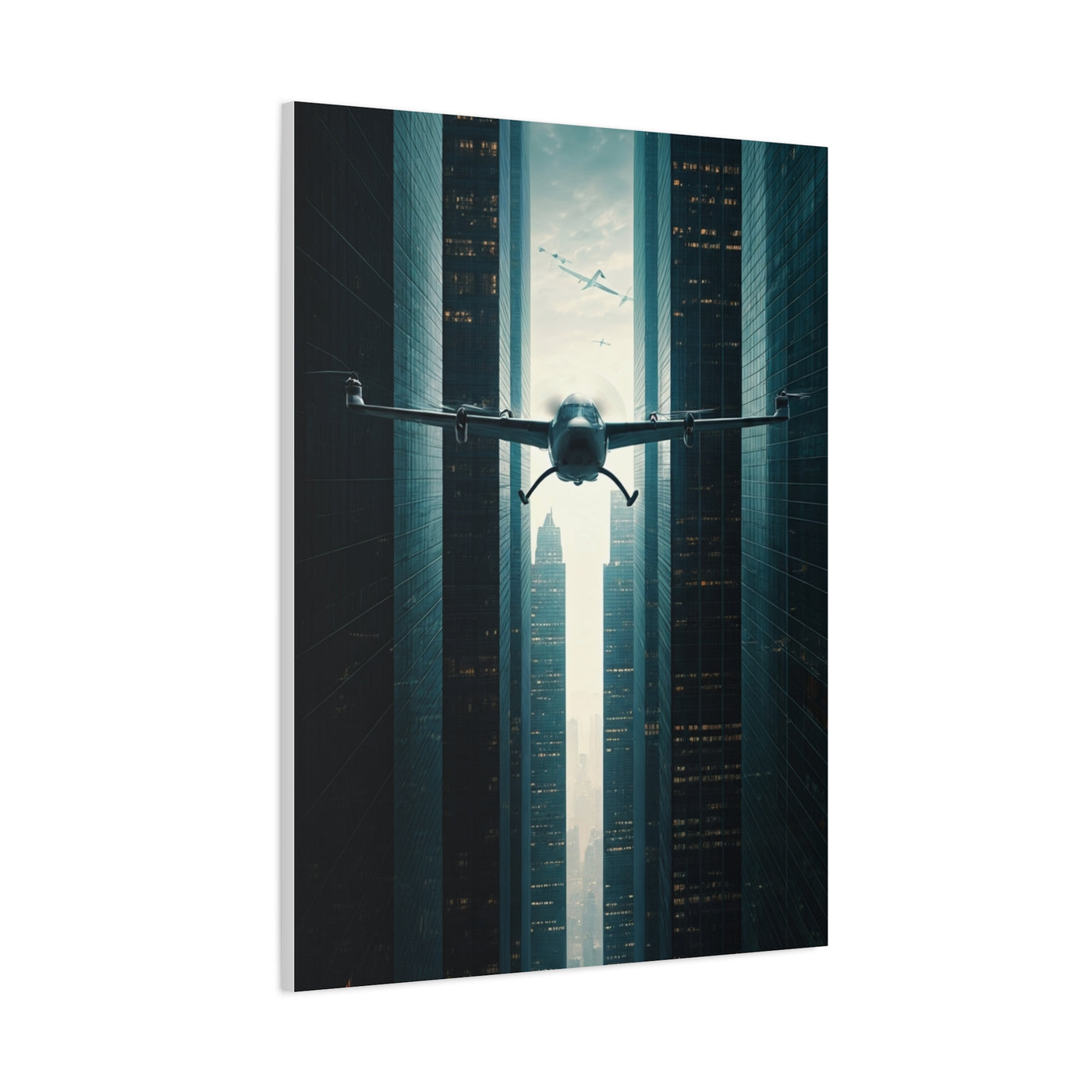 Electric Aircraft Between Skyscrapers Wall Art & Canvas Prints