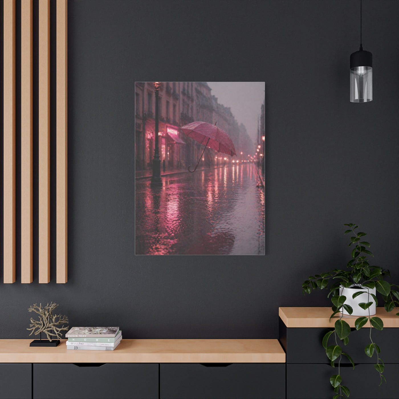 Dreamy Pink Umbrella Rain Scene Wall Art & Canvas Print