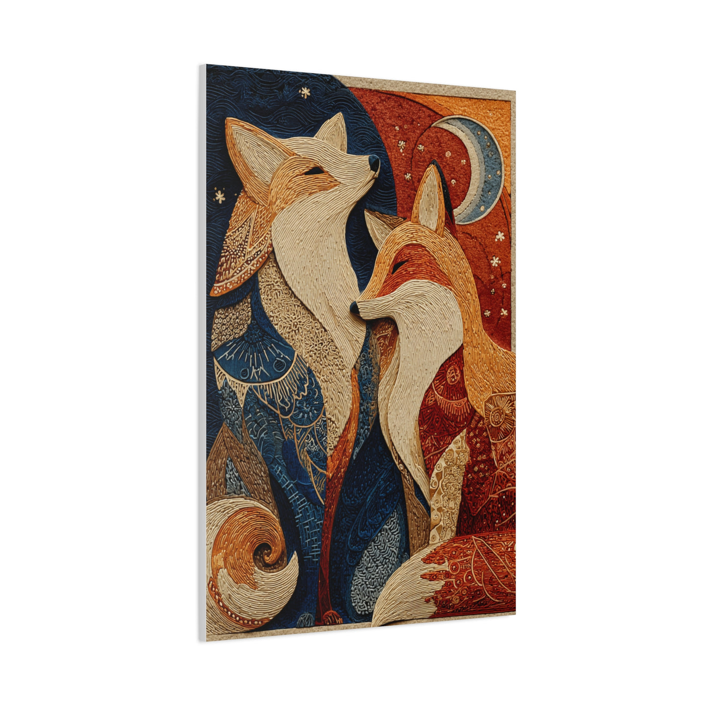 Folk Twin Foxes Celestial Linocut Wall Art & Canvas Print