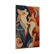 Folk Twin Foxes Celestial Linocut Wall Art & Canvas Print