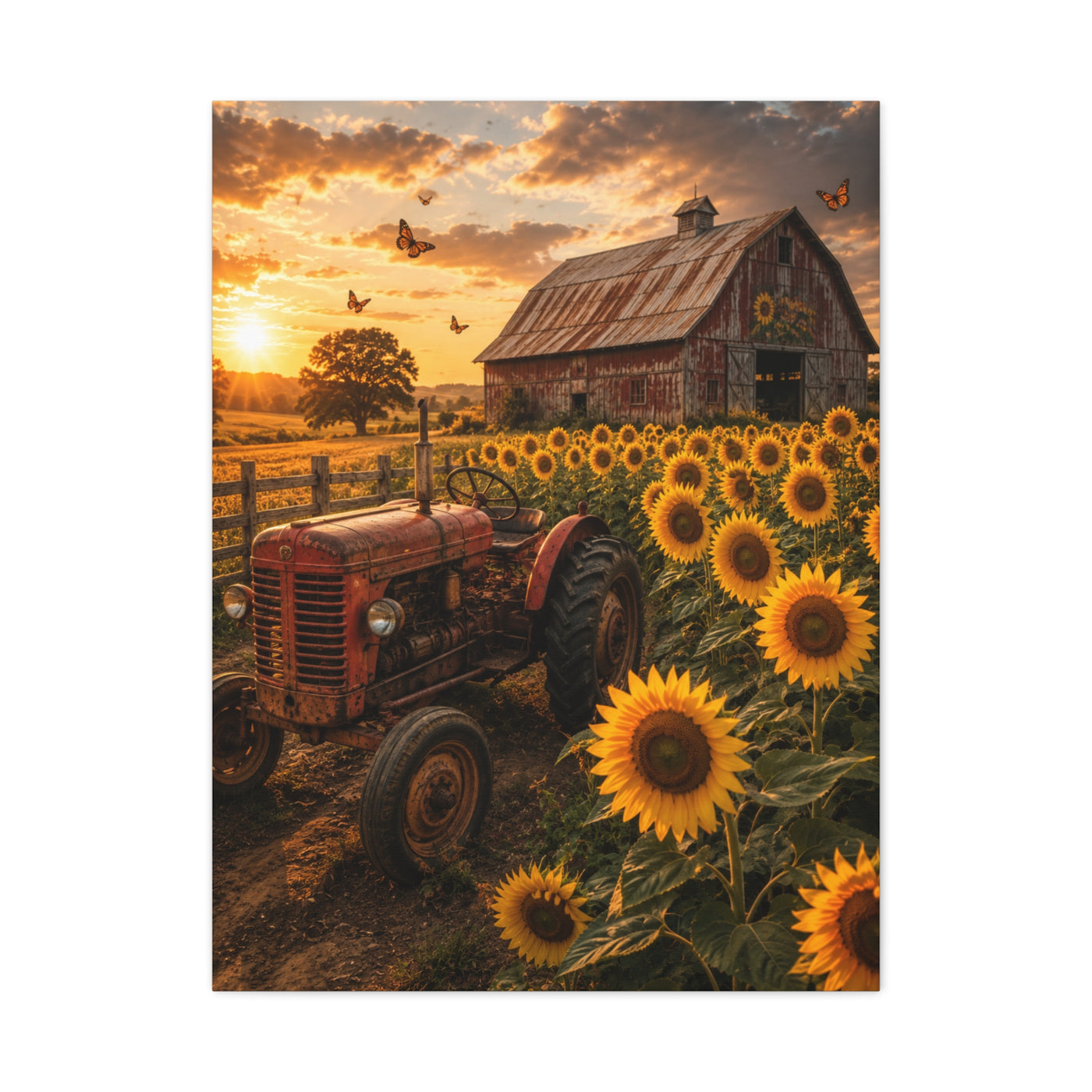 Rustic Farmhouse Sunflower Field Tractor Wall Art & Canvas Print