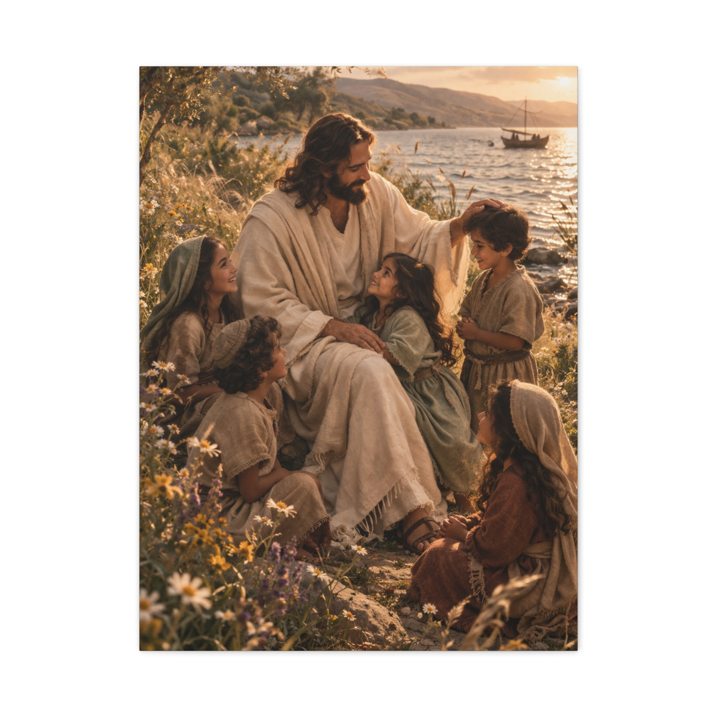 Jesus with Children Coastal Blessing Wall Art & Canvas Print