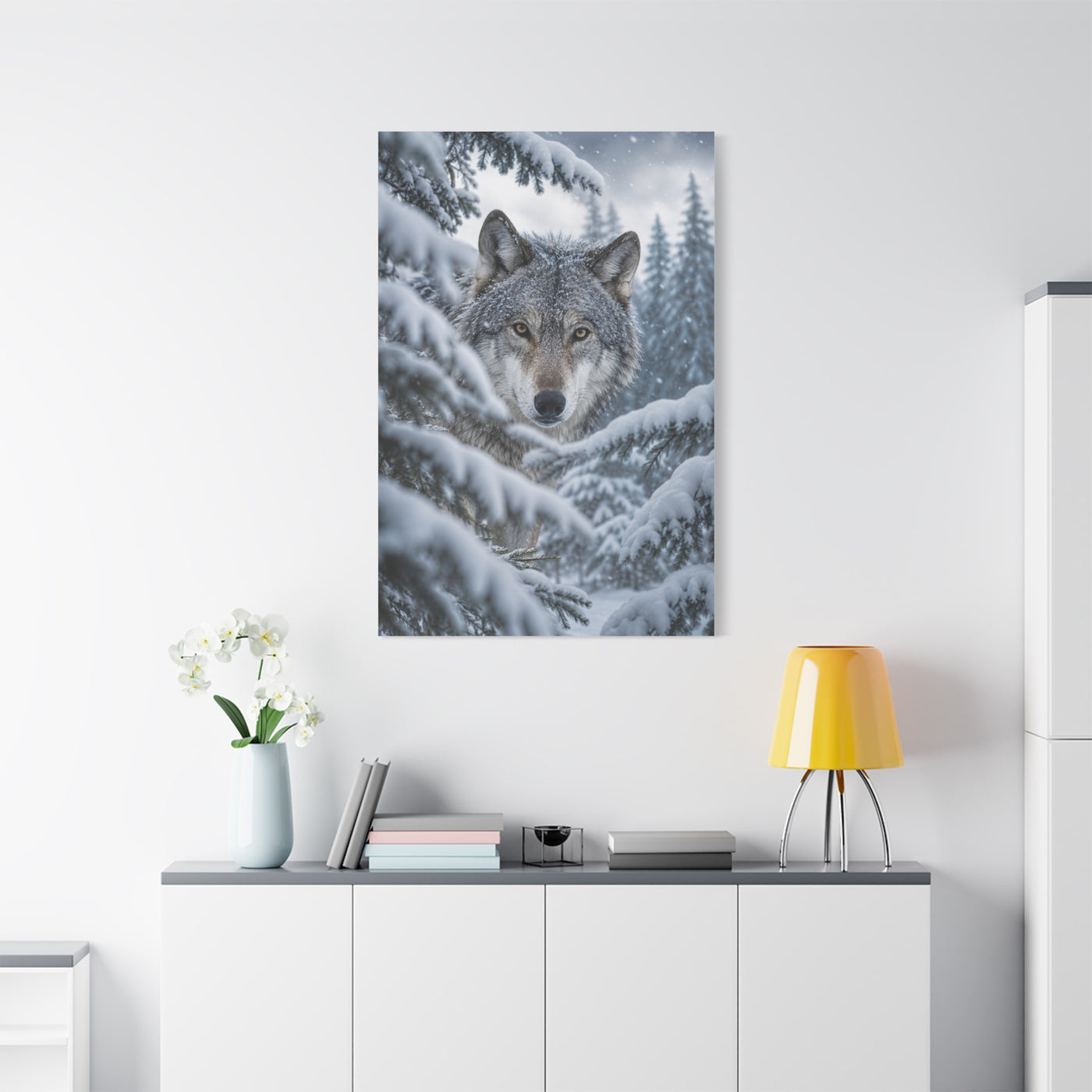 Snow-Covered Pine Wolf Close Portrait Wall Art & Canvas Print