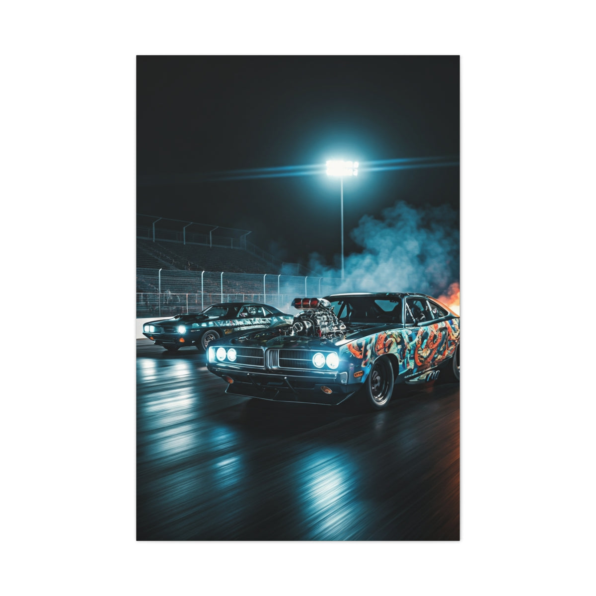 1970 Dodge Charger R/T vs 1970 Plymouth Barracuda Night Drag Duel Wall Art & Canvas Prints
