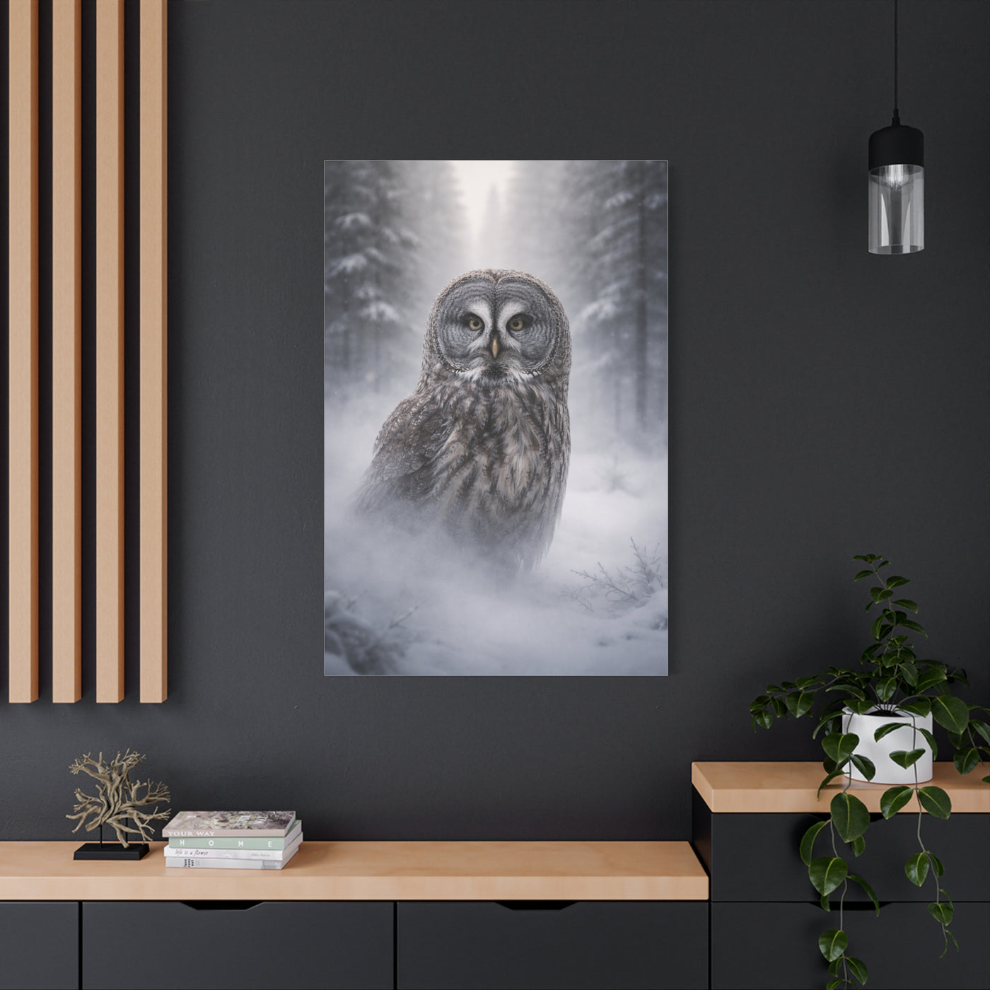 Great Grey Owl Winter Mist Portrait Wall Art & Canvas Print