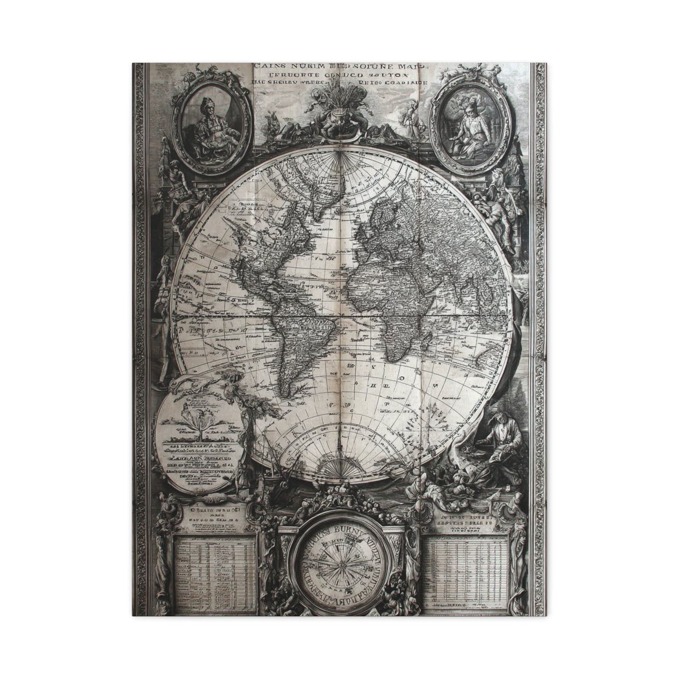 Antique World Map Engraving Wall Art & Canvas Print