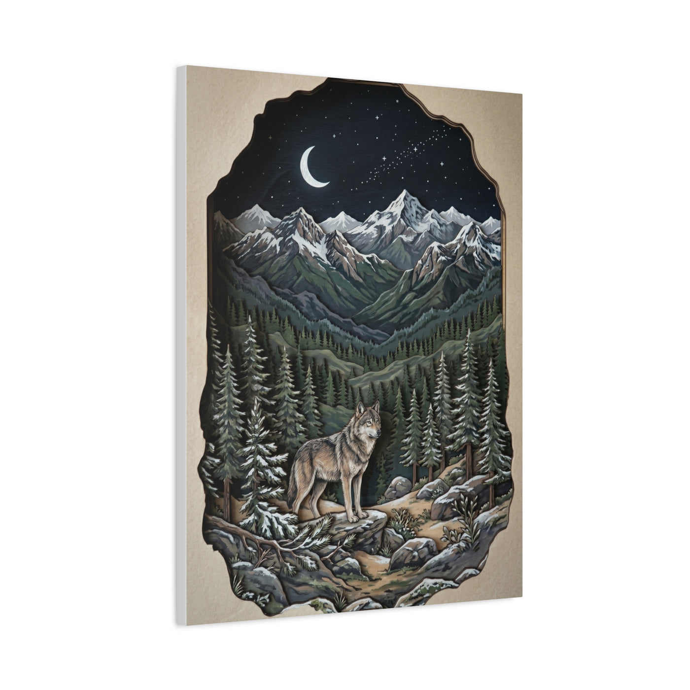 Night Forest Wolf Framed Relief Landscape Wall Art & Canvas Print